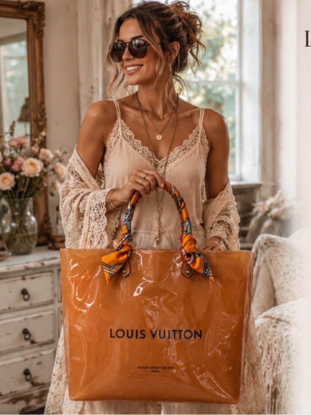 Authentic Louis Vuitton Retail Shopping Bag in A PVC with scarf wrap size Large